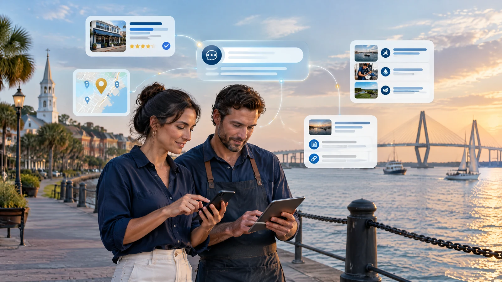 Woman and man preparing a Charleston business for AI search with phone, tablet, map, answer, service, and source graphics