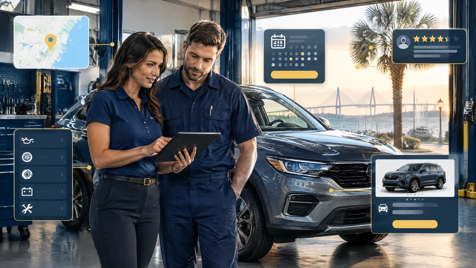 Charleston automotive service advisor and technician reviewing repair, inventory, appointment, map, and review visibility on a tablet