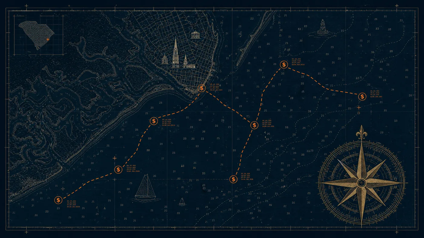 Nautical chart illustration plotting SEO pricing points across Charleston harbor