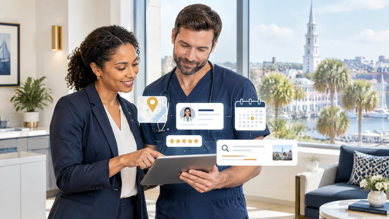 Healthcare practice manager and clinician reviewing Charleston patient-search visibility, provider profiles, appointments, and local reviews on a tablet