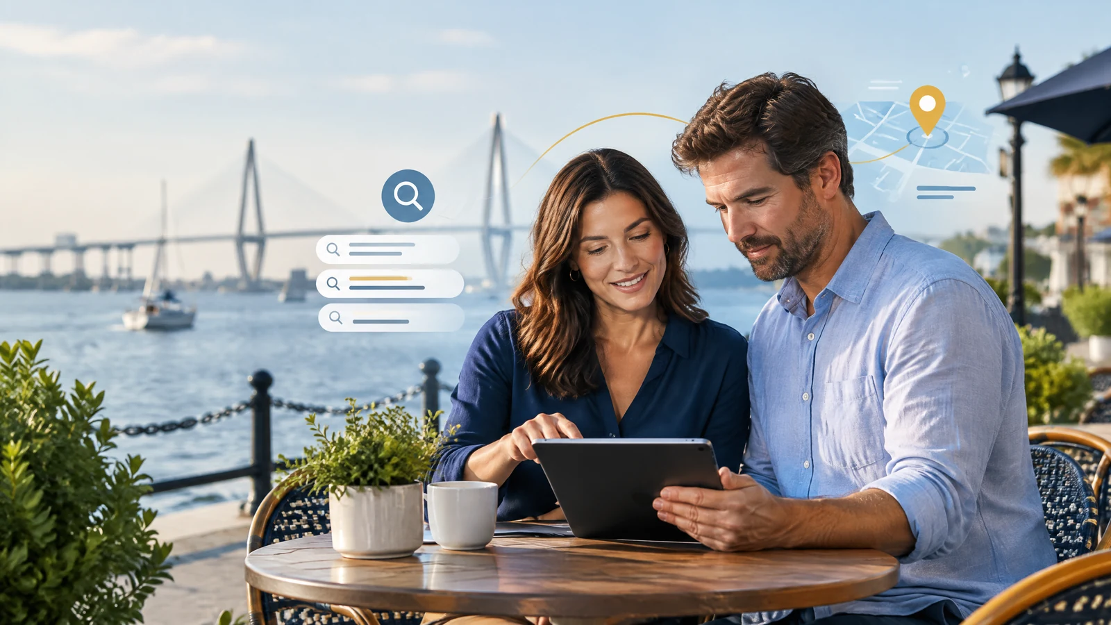 Woman and man researching Charleston SEO keywords on a tablet beside the harbor with search-query and map-pin graphics