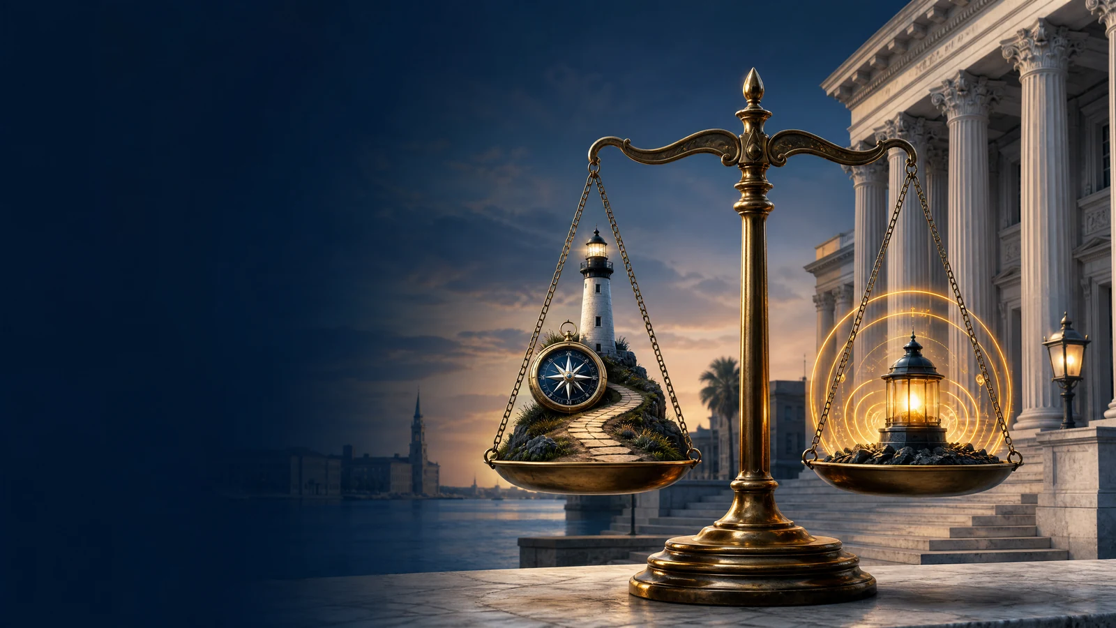 Gavel and scales of justice next to search marketing charts