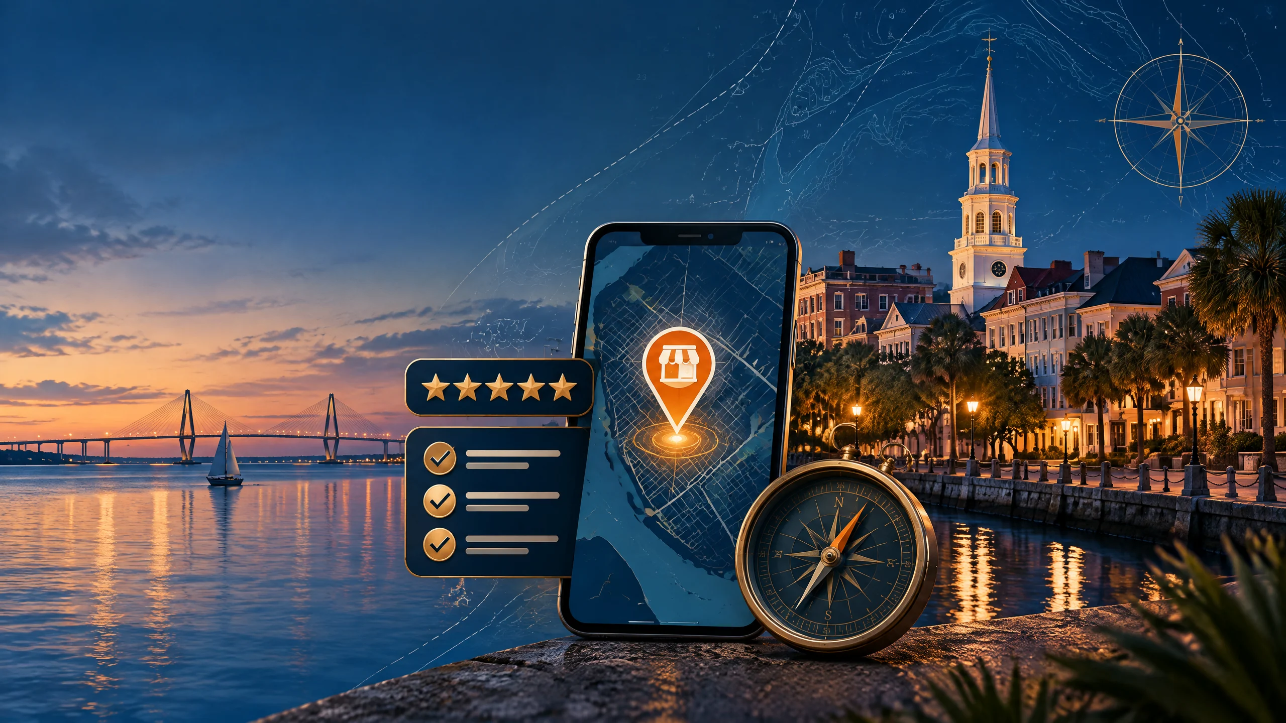 Charleston local SEO audit illustration with a map pin, checklist, review stars, and nautical chart lines
