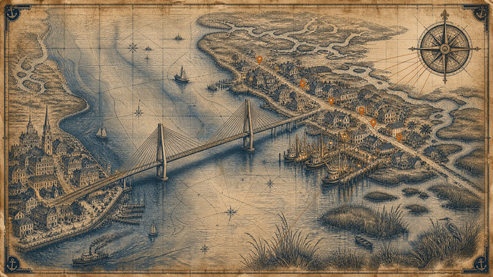 Nautical chart illustration of Mount Pleasant and the Ravenel Bridge with search pins along the East Cooper waterfront