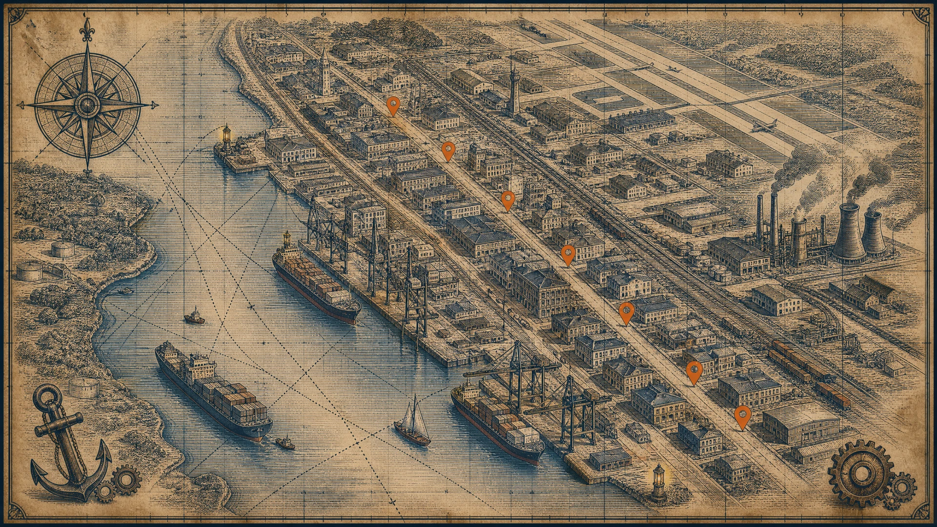 Nautical chart illustration of North Charleston's industrial riverfront with cargo cranes, rail lines, and search pins along the commercial corridor