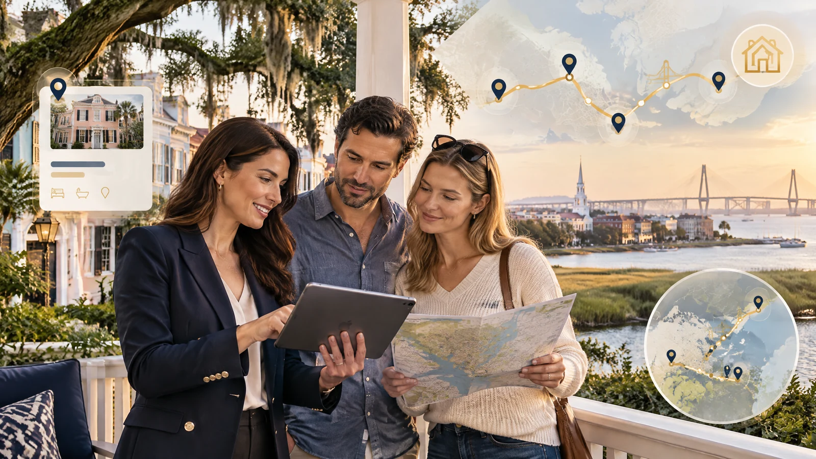 Charleston real estate agent and relocating couple reviewing neighborhood search, home listings, and map routes on a tablet and local map