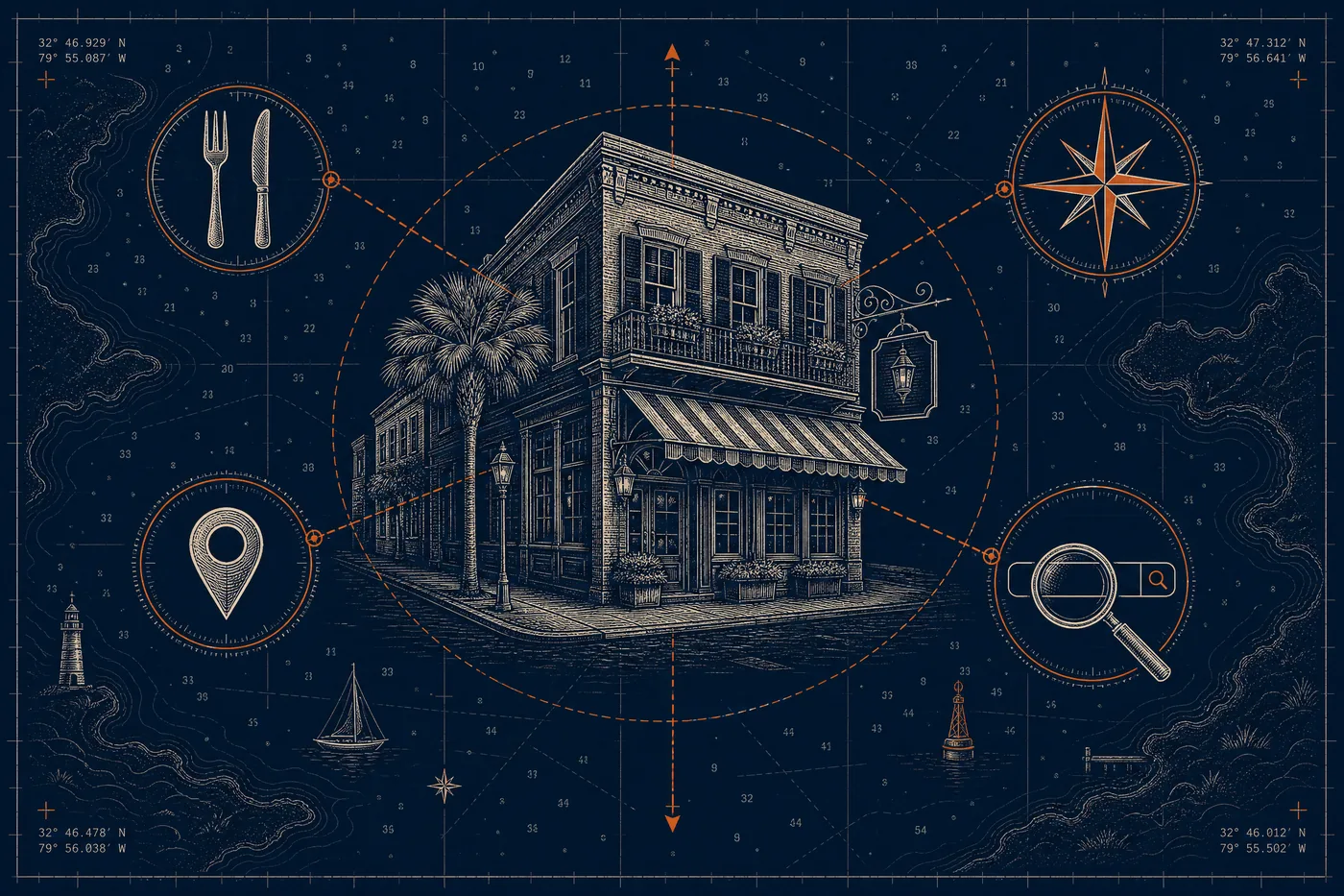 Nautical chart illustration of a Charleston restaurant facade connected to search icons
