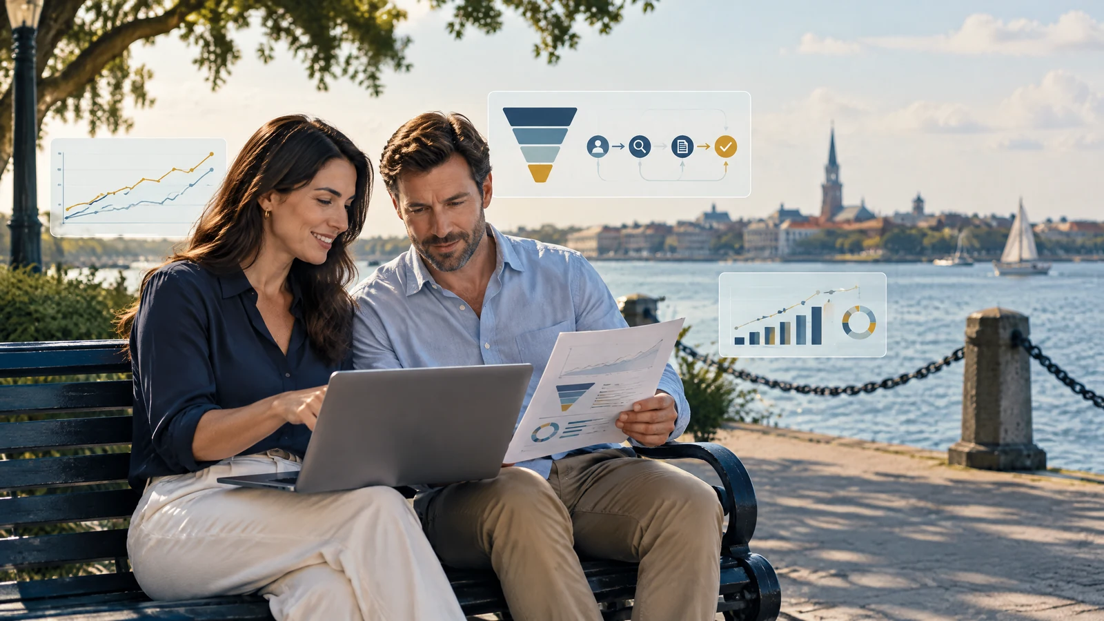 Woman and man reviewing a Charleston SEO reporting scorecard beside the waterfront with funnel, trend, and attribution graphics