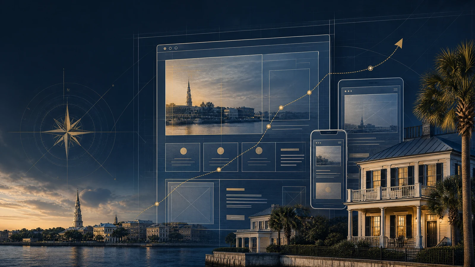 A checklist over a wireframe of a Charleston business website