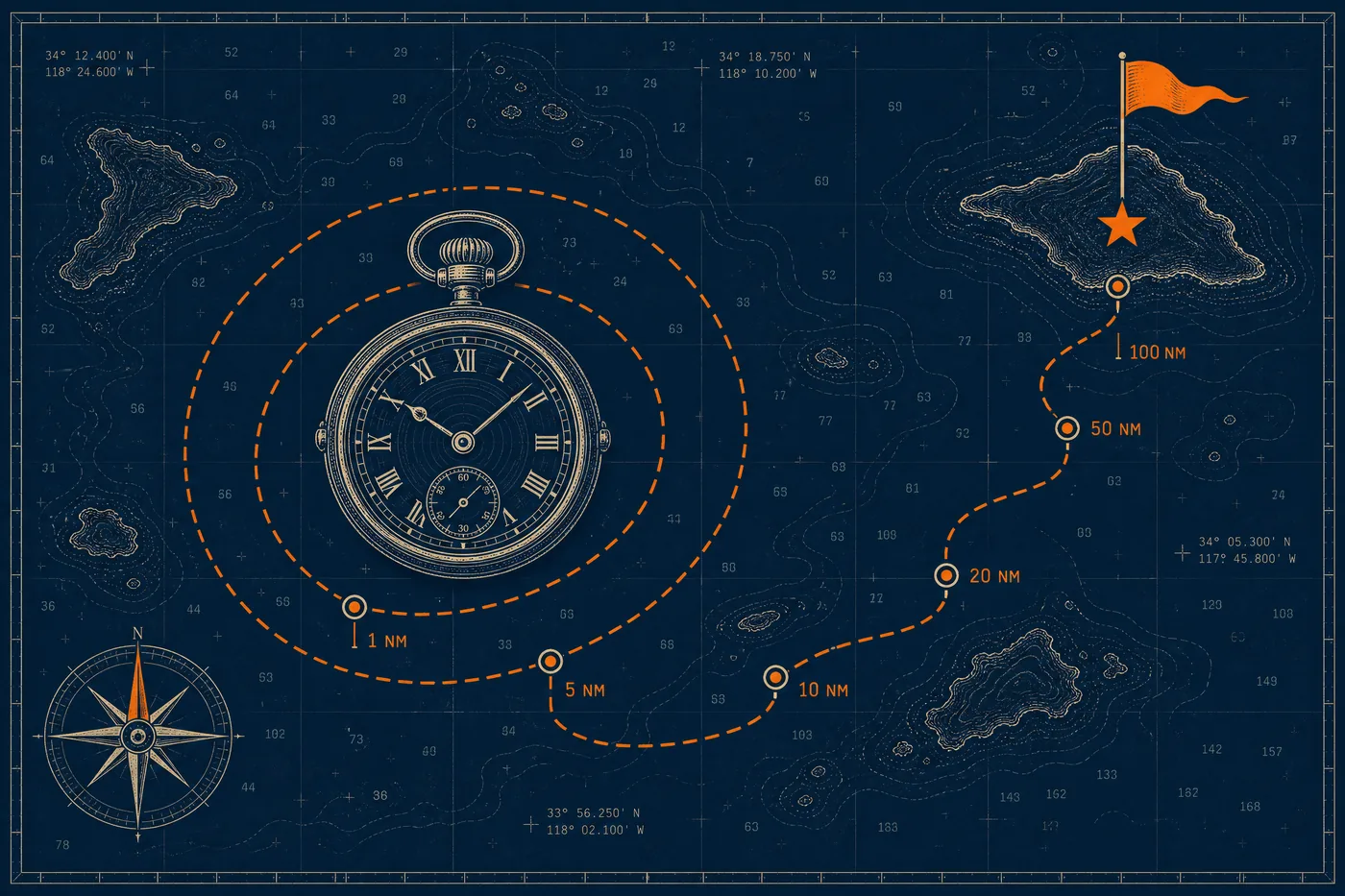 Nautical chart illustration of a ship's chronometer with a route line passing waypoints toward a flag