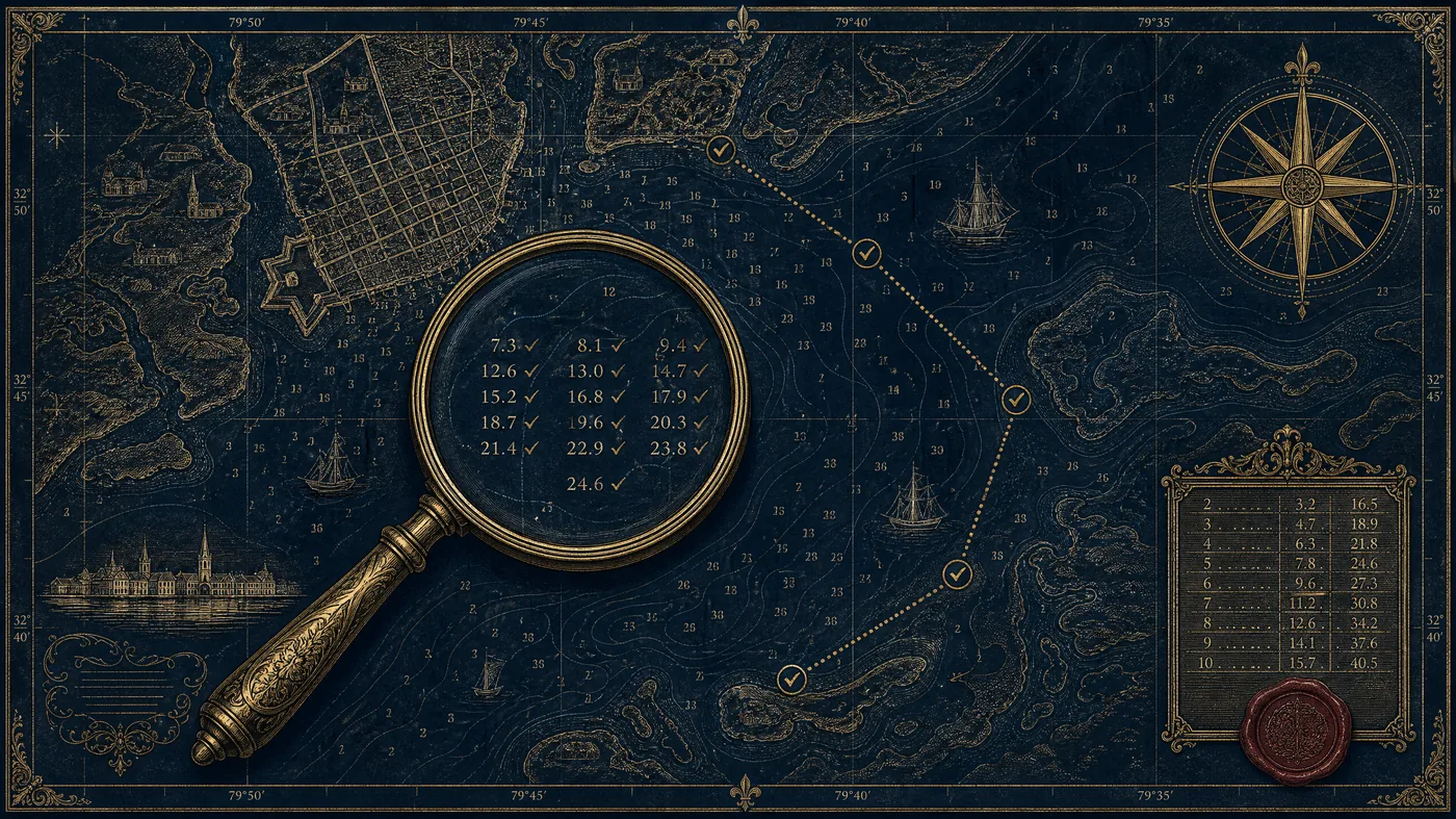 Nautical chart illustration with a magnifying glass verifying plotted data points, representing Semrush-verified keyword data