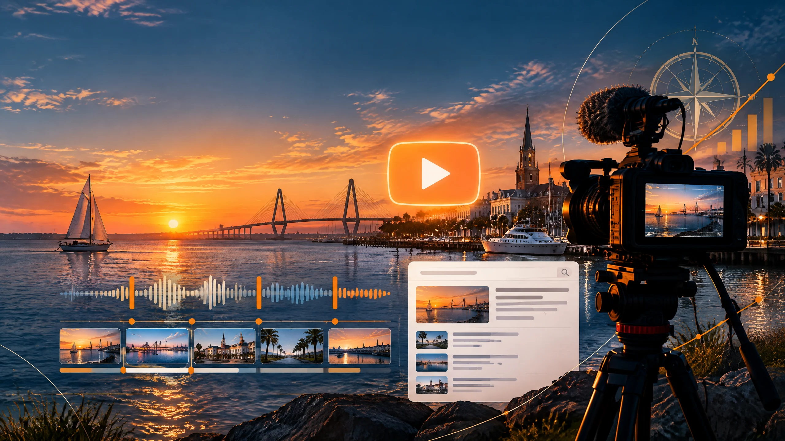 Charleston harbor video SEO illustration with a camera, play symbol, waveform, search frame, and nautical chart lines
