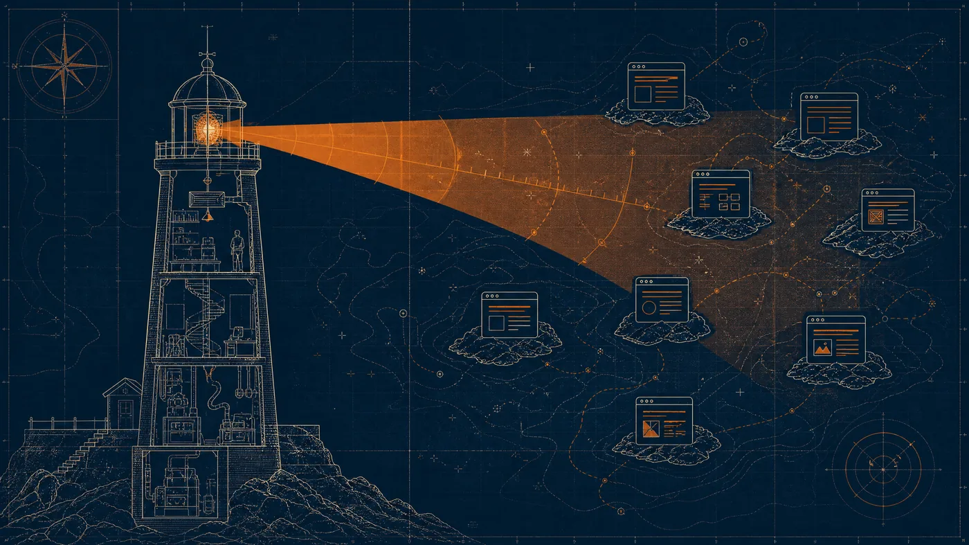 Blueprint lighthouse diagram sweeping light across plotted website icons on a navy chart
