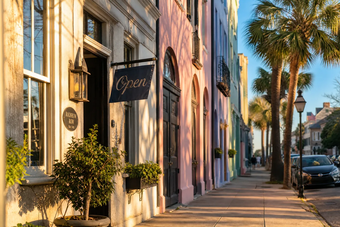 Historic Rainbow Row storefronts in Charleston, SC